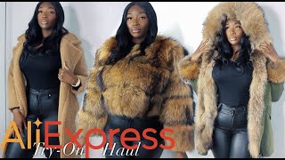 TRYING OUT FUR COATS FROM ALIEXPRESS  BADDIE ON A BUDGET  WINTER COAT TRY ON HAUL AMINACOCOA [upl. by Ihtak239]