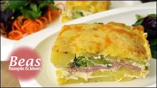 Kartoffelgratin Auflauf  Rezept mit Käse Schinken und Brokkoli [upl. by Dillon]