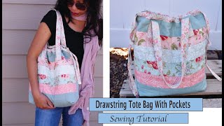 Drawstring tote bag with pockets sewing tutorial  Quilted Style [upl. by Aerdnat]