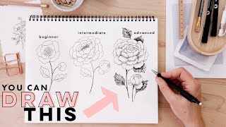 Drawing Flowers 3 Levels of Difficulty  PEONY Beginner to Advanced [upl. by Noak]