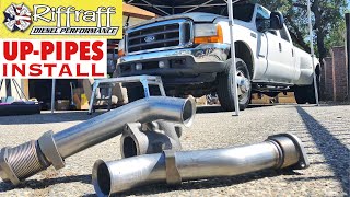 2001 F350 73  RiffRaff UpPipes Install  Stock up pipes leaking and falling apart JUNK SP [upl. by Sueahccaz]