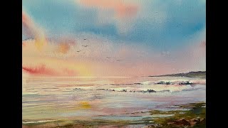 How to paint a simple loose Watercolour Sunrise watercolor landscapeseascape [upl. by Tearle]