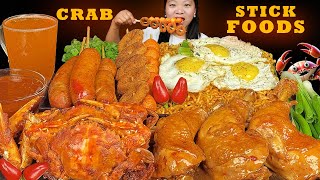 Stick Food Mukbang  Eating Super Spicy Noodles  Chicken Adobo  Fried Crab  Fish Ball  Sausages [upl. by Lessur587]