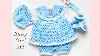 How to crochet this beautiful crochet baby dress set EASY baby frock VARIOUS SIZES [upl. by Nlycaj]