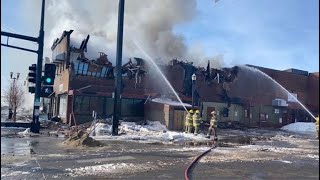 Fire in downtown Alexandria Minnesota destroys 4 buildings displaces 20 residents [upl. by Lemmuela]