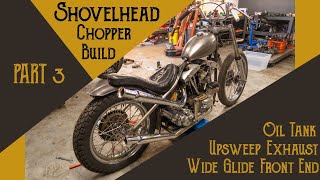 Custom Fabricated Upsweep Exhaust and a Wide glide front end  Shovelhead Chopper Build Part 3 [upl. by Rosenzweig]