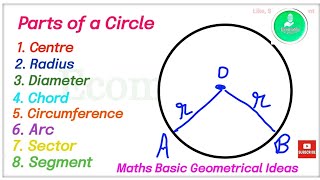 Parts of a circle  Radius  Diameter  Chord  Circumference  Sector  Arc  Segment  Part 1 [upl. by Winn]