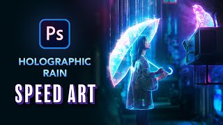 Creating HOLOGRAPHIC RAIN in Photoshop  NFT Speed Art [upl. by Evita]