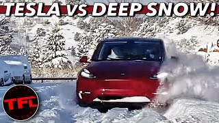 Can Deep Snow STOP a Tesla We Find Out [upl. by Nivets205]